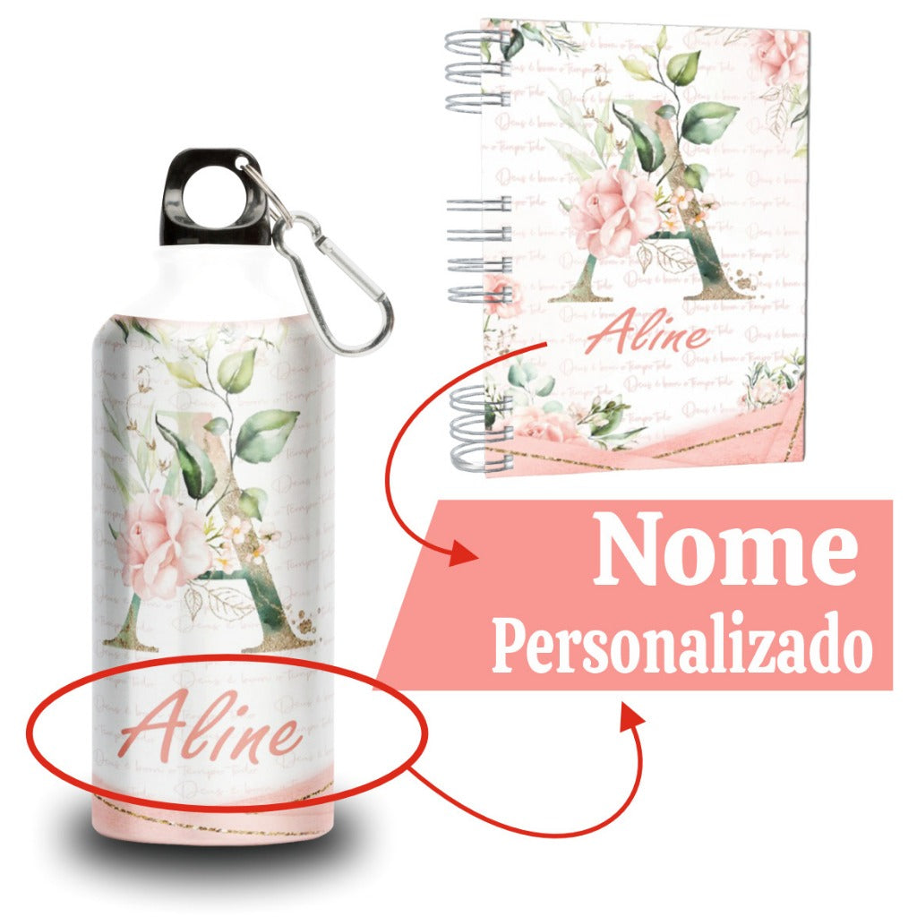 Agenda 2026 + Garrafa - Personalizada com Nome - Alumínio - Alfabeto - Capa Dura Holográfica